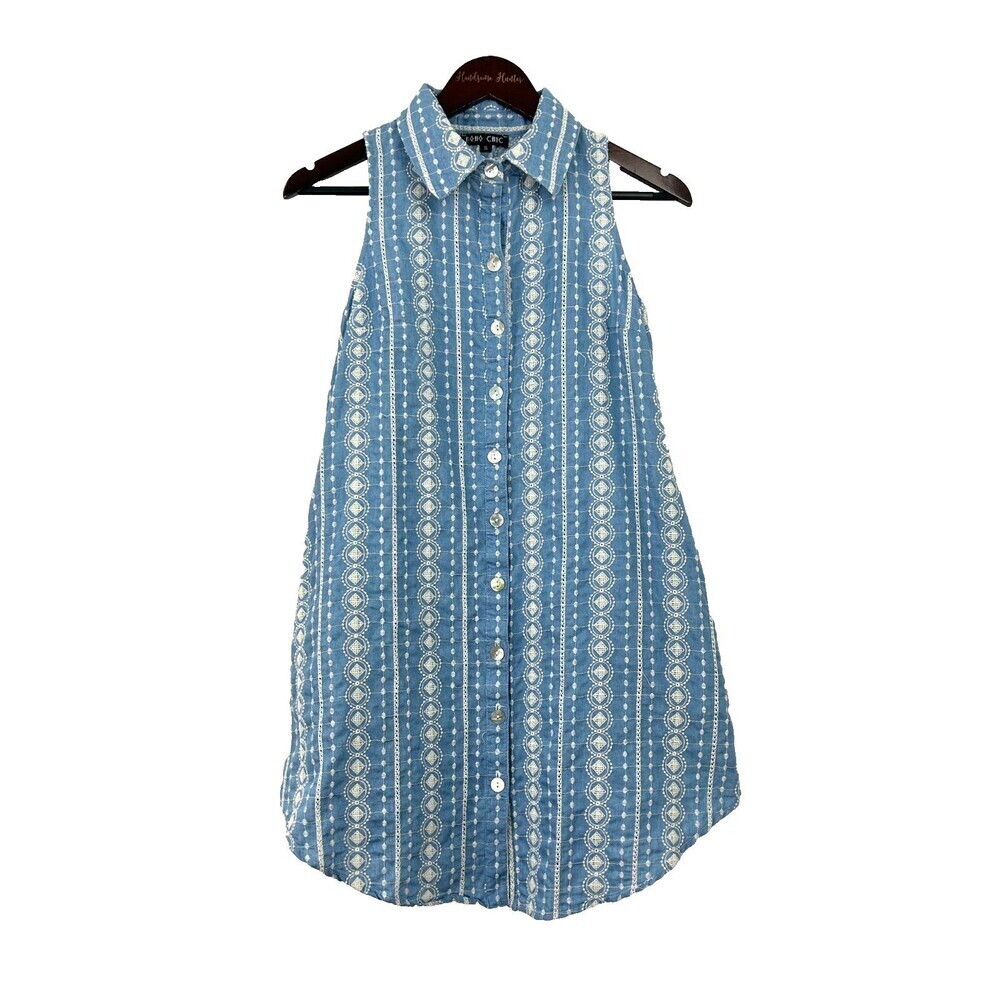 Boho Chic Shirt‎ Dress S Cotton Sleeveless Button Up Embroidered Pockets Summer
